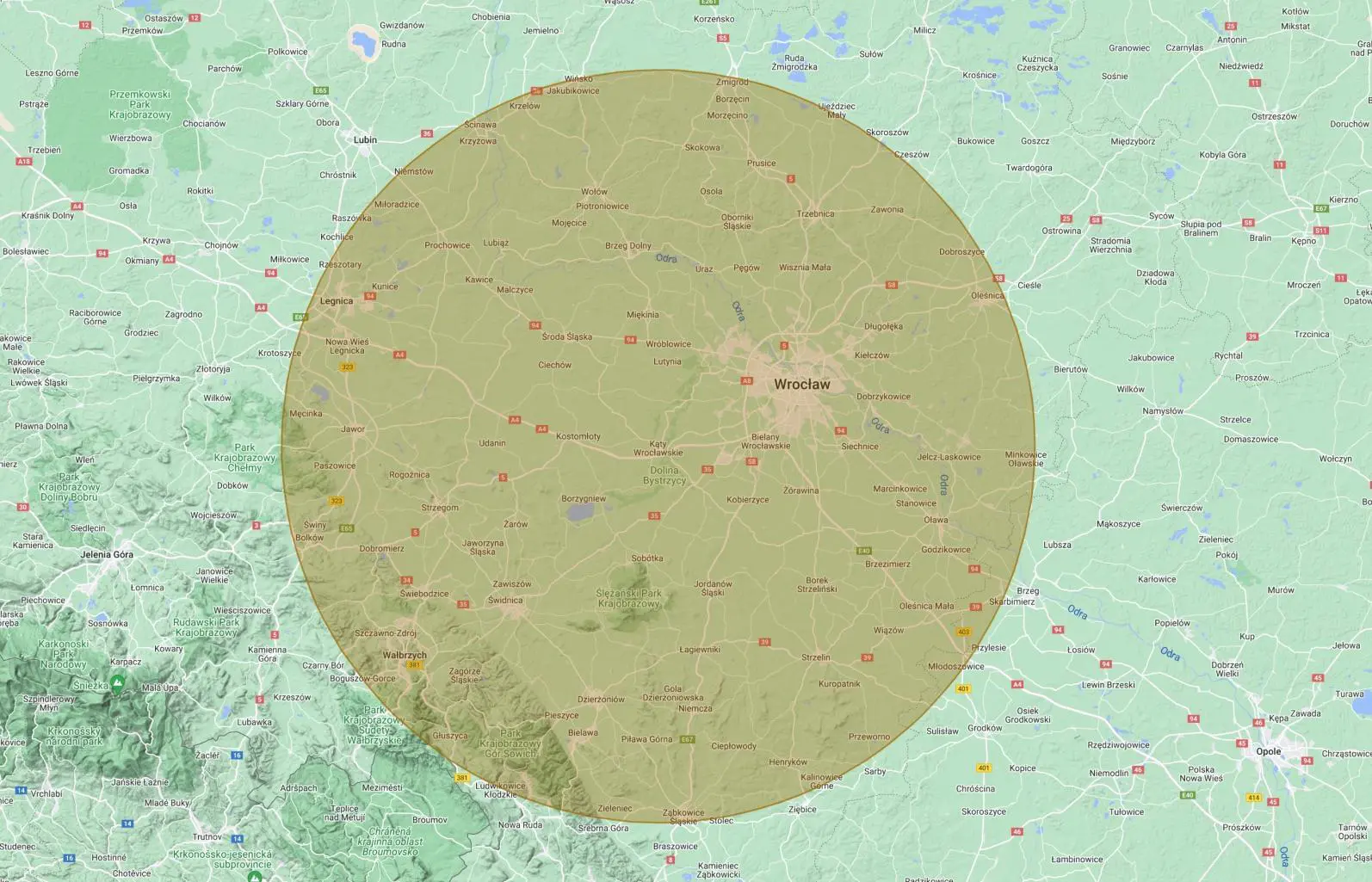 obszar pracy firmy Przykop Adam Przystał, pokazujący część województwa dolnośląskiego, Kąty Wrocławskie, Świdnicę i Sobótkę
